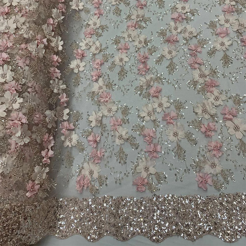 Embroidered 3D Flowers Beaded Lace Fabric With Sequins By The YardICEFABRICICE FABRICSWhiteEmbroidered 3D Flowers Beaded Lace Fabric With Sequins By The Yard ICEFABRIC Light Pink