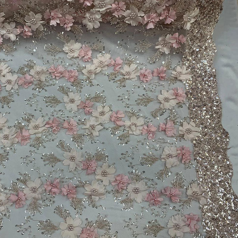 Embroidered 3D Flowers Beaded Lace Fabric With Sequins By The YardICEFABRICICE FABRICSWhiteEmbroidered 3D Flowers Beaded Lace Fabric With Sequins By The Yard ICEFABRIC Light Pink