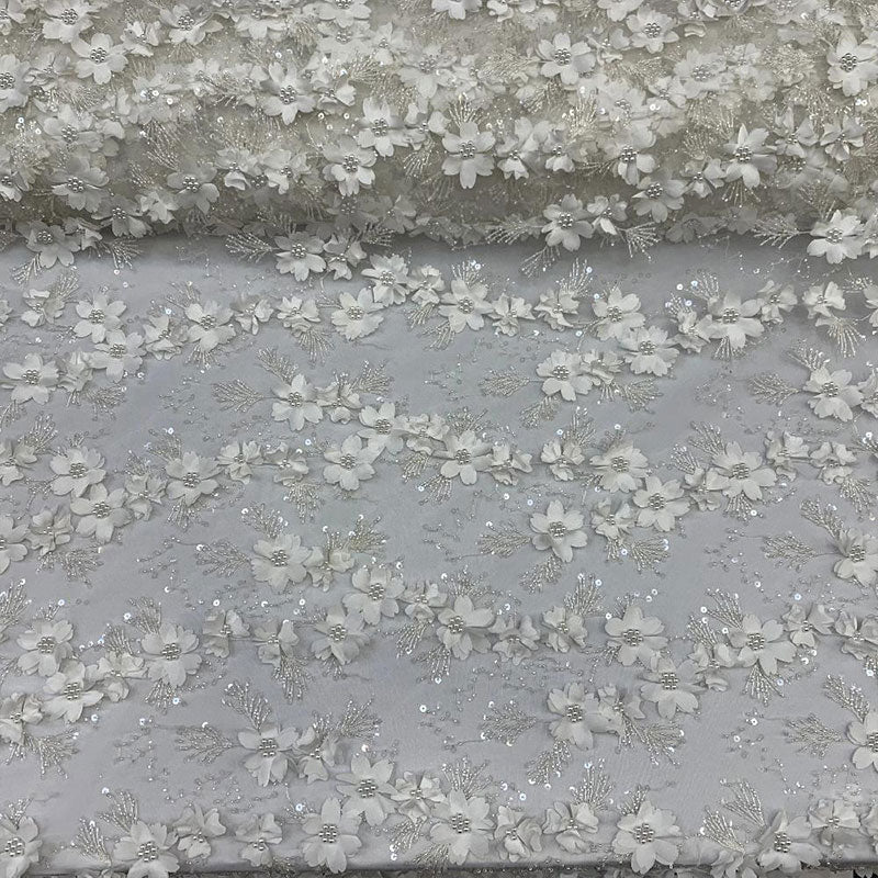 Embroidered 3D Flowers Beaded Lace Fabric With Sequins By The YardICEFABRICICE FABRICSOff WhiteEmbroidered 3D Flowers Beaded Lace Fabric With Sequins By The Yard ICEFABRIC Off White