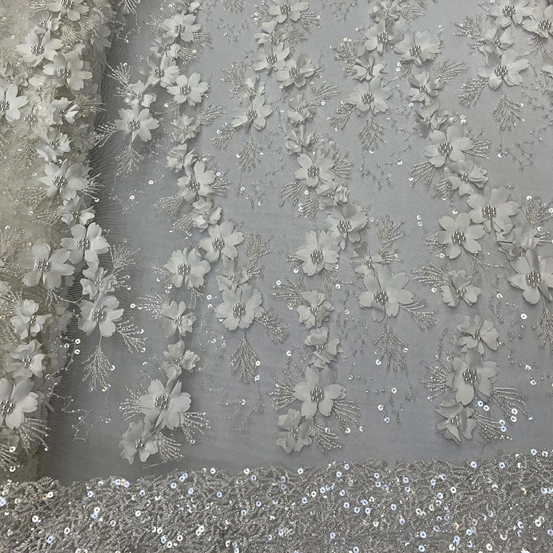 Embroidered 3D Flowers Beaded Lace Fabric With Sequins By The YardICEFABRICICE FABRICSOff WhiteEmbroidered 3D Flowers Beaded Lace Fabric With Sequins By The Yard ICEFABRIC Off White