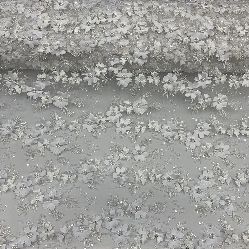 Embroidered 3D Flowers Beaded Lace Fabric With Sequins By The YardICEFABRICICE FABRICSWhiteEmbroidered 3D Flowers Beaded Lace Fabric With Sequins By The Yard ICEFABRIC White