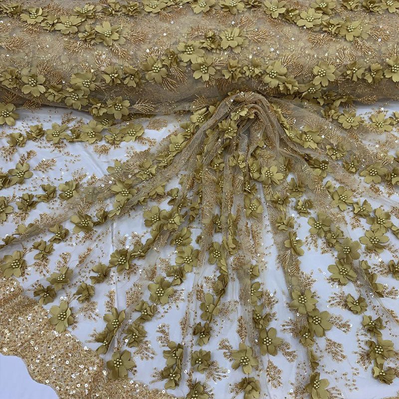 Embroidered 3D Flowers Beaded Lace Fabric With Sequins By The YardICEFABRICICE FABRICSDark GoldEmbroidered 3D Flowers Beaded Lace Fabric With Sequins By The Yard ICEFABRIC Dark Gold
