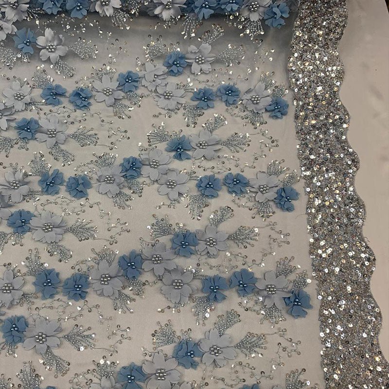 Embroidered 3D Flowers Beaded Lace Fabric With Sequins By The YardICEFABRICICE FABRICSSky BlueEmbroidered 3D Flowers Beaded Lace Fabric With Sequins By The Yard ICEFABRIC Sky Blue