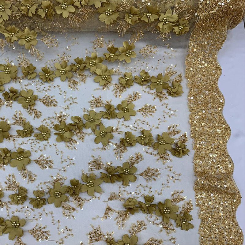 Embroidered 3D Flowers Beaded Lace Fabric With Sequins By The YardICEFABRICICE FABRICSSky BlueEmbroidered 3D Flowers Beaded Lace Fabric With Sequins By The Yard ICEFABRIC Dark Gold
