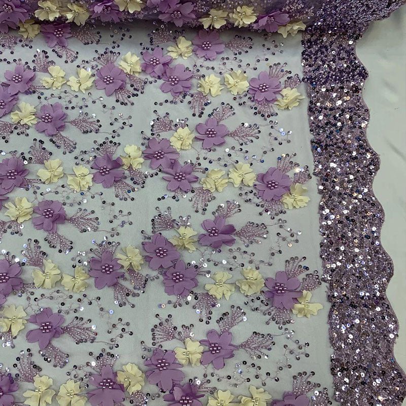 Embroidered 3D Flowers Beaded Lace Fabric With Sequins By The YardICEFABRICICE FABRICSLavenderEmbroidered 3D Flowers Beaded Lace Fabric With Sequins By The Yard ICEFABRIC Lavender