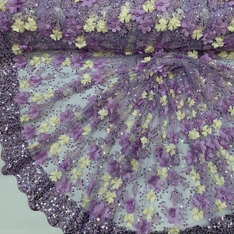 Embroidered 3D Flowers Beaded Lace Fabric With Sequins By The YardICEFABRICICE FABRICSLavenderEmbroidered 3D Flowers Beaded Lace Fabric With Sequins By The Yard ICEFABRIC Lavender