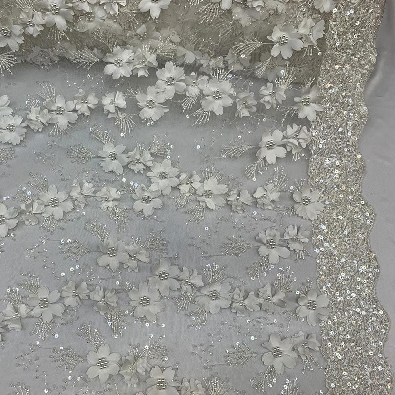 Embroidered 3D Flowers Beaded Lace Fabric With Sequins By The YardICEFABRICICE FABRICSOff WhiteEmbroidered 3D Flowers Beaded Lace Fabric With Sequins By The Yard ICEFABRIC Off White
