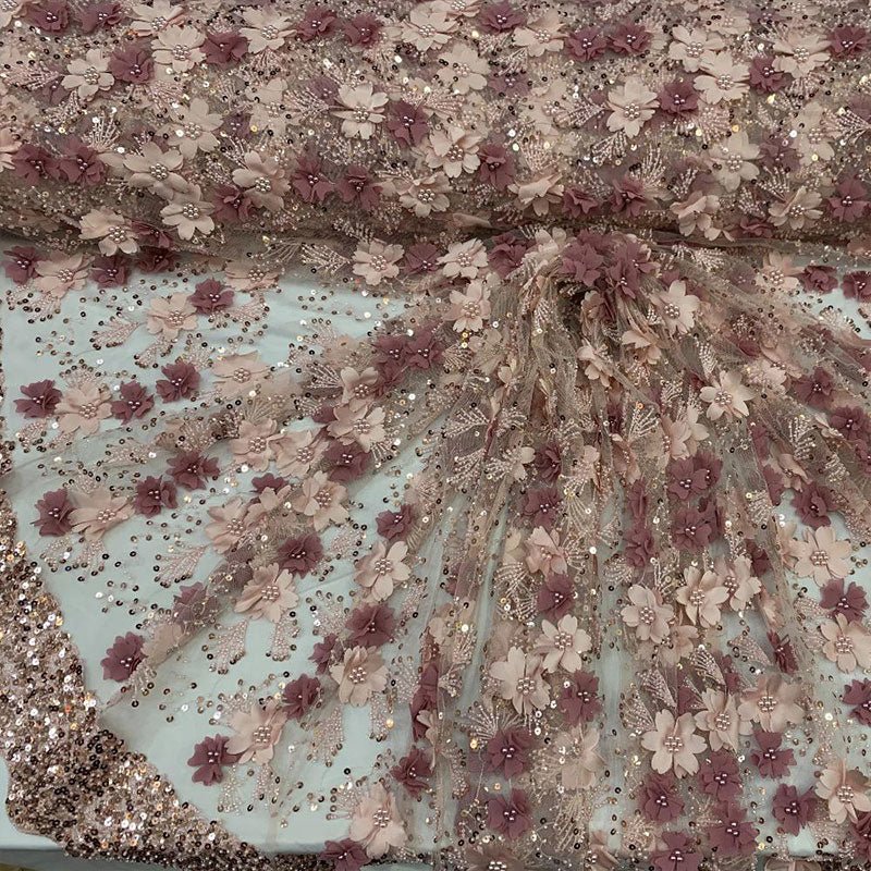 Embroidered 3D Flowers Beaded Lace Fabric With Sequins By The YardICEFABRICICE FABRICSPinkEmbroidered 3D Flowers Beaded Lace Fabric With Sequins By The Yard ICEFABRIC Pink