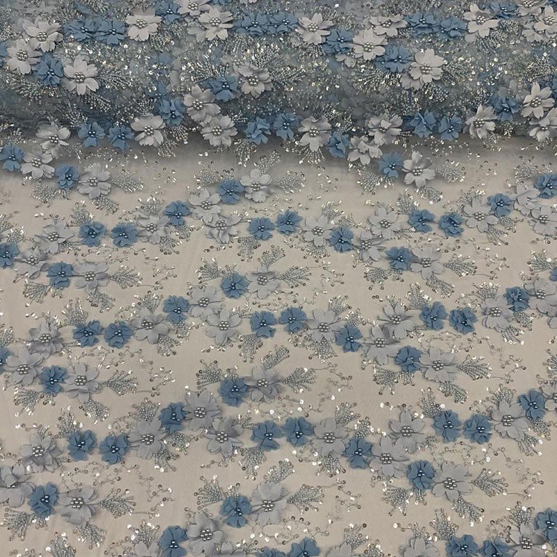 Embroidered 3D Flowers Beaded Lace Fabric With Sequins By The YardICEFABRICICE FABRICSSky BlueEmbroidered 3D Flowers Beaded Lace Fabric With Sequins By The Yard ICEFABRIC Sky Blue