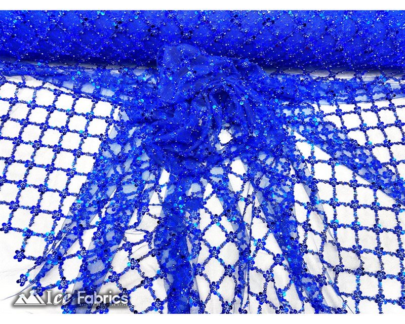 Embroidered Beaded Fabric Geometric Sequin LaceICE FABRICSICE FABRICSRoyal Blue Beaded FabricRoyal BlueEmbroidered Beaded Fabric Geometric Sequin Lace ICE FABRICS Royal Blue