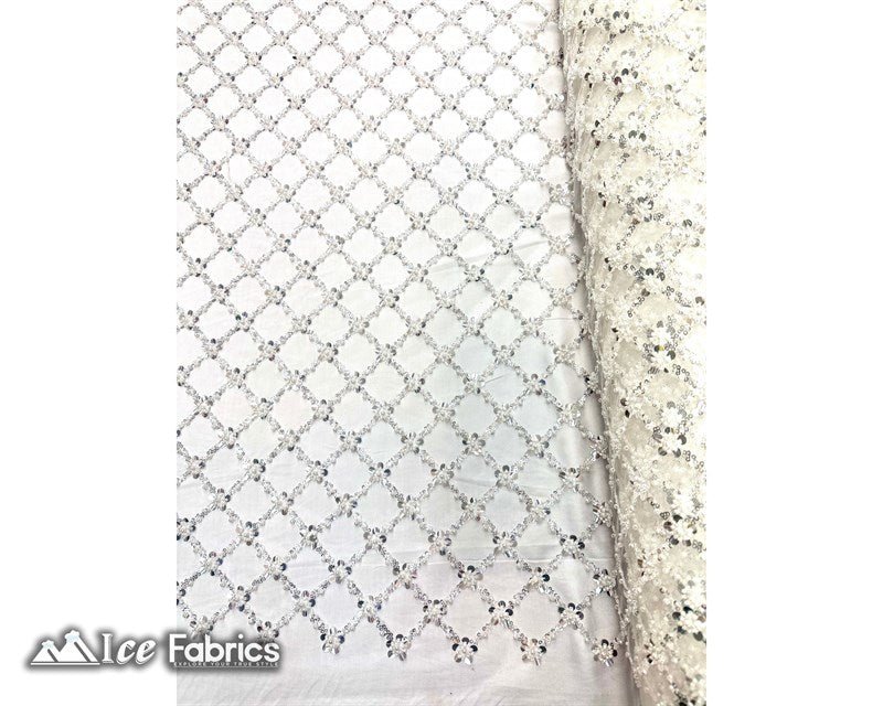 Embroidered Beaded Fabric Geometric Sequin LaceICE FABRICSICE FABRICSIvory Beaded FabricIvoryEmbroidered Beaded Fabric Geometric Sequin Lace ICE FABRICS Ivory