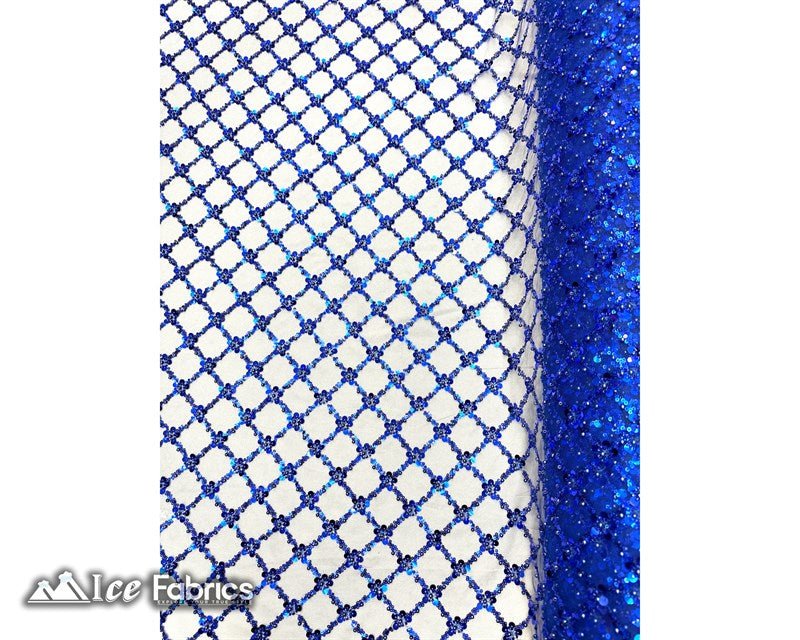 Embroidered Beaded Fabric Geometric Sequin LaceICE FABRICSICE FABRICSRoyal Blue Beaded FabricRoyal BlueEmbroidered Beaded Fabric Geometric Sequin Lace ICE FABRICS Royal Blue