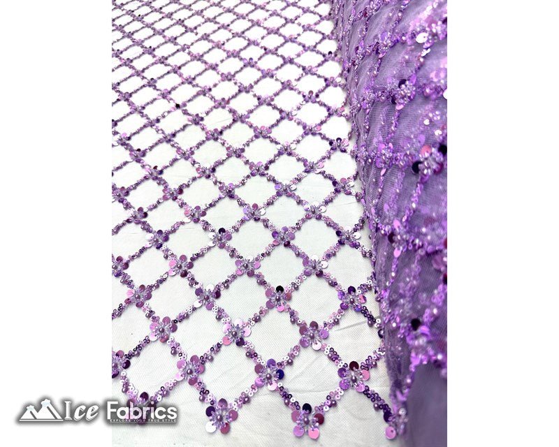 Embroidered Beaded Fabric Geometric Sequin LaceICE FABRICSICE FABRICSLavender Beaded FabricLavenderEmbroidered Beaded Fabric Geometric Sequin Lace ICE FABRICS Lavender