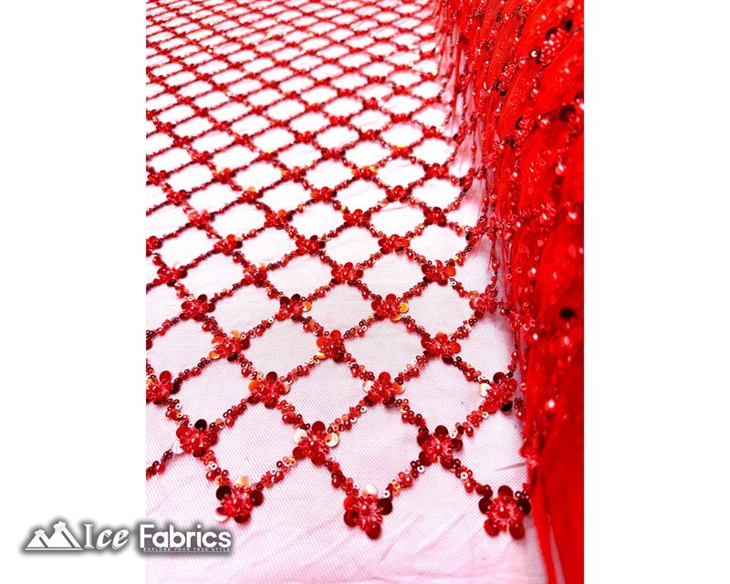 Embroidered Beaded Fabric Geometric Sequin LaceICE FABRICSICE FABRICSRed Beaded FabricRedEmbroidered Beaded Fabric Geometric Sequin Lace ICE FABRICS Red