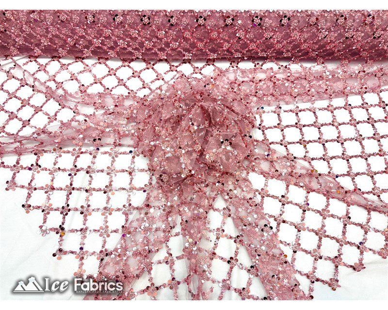 Embroidered Beaded Fabric Geometric Sequin LaceICE FABRICSICE FABRICSPink Beaded FabricPinkEmbroidered Beaded Fabric Geometric Sequin Lace ICE FABRICS Pink