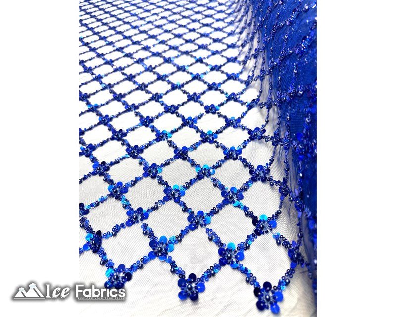 Embroidered Beaded Fabric Geometric Sequin LaceICE FABRICSICE FABRICSRoyal Blue Beaded FabricRoyal BlueEmbroidered Beaded Fabric Geometric Sequin Lace ICE FABRICS Royal Blue