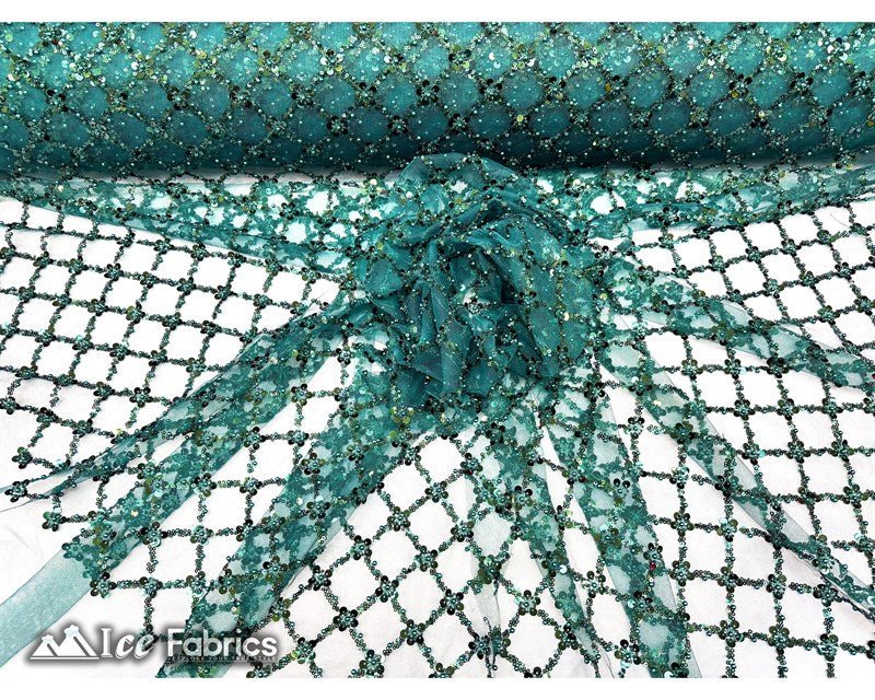 Embroidered Beaded Fabric Geometric Sequin LaceICE FABRICSICE FABRICSHunter Green Beaded FabricHunter GreenEmbroidered Beaded Fabric Geometric Sequin Lace ICE FABRICS Hunter Green