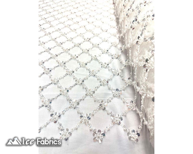 Embroidered Beaded Fabric Geometric Sequin LaceICE FABRICSICE FABRICSIvory Beaded FabricIvoryEmbroidered Beaded Fabric Geometric Sequin Lace ICE FABRICS Ivory