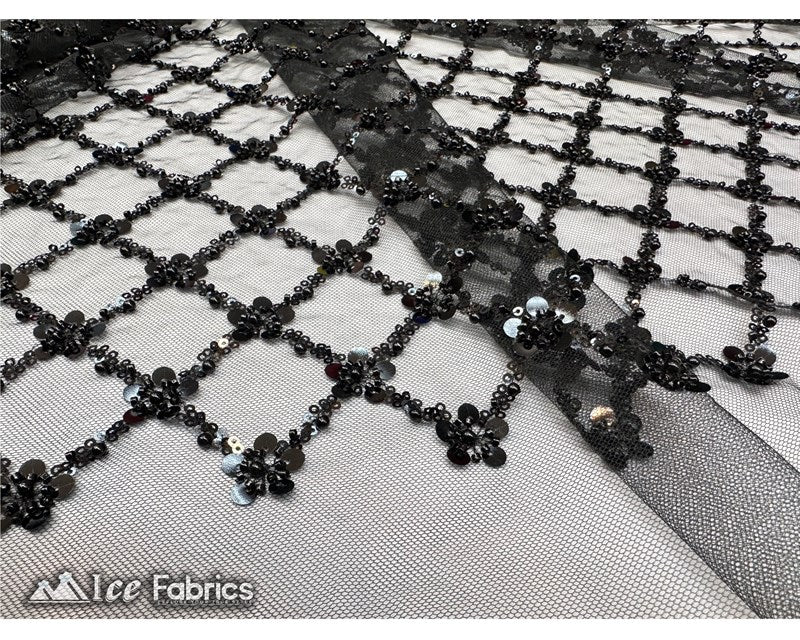 Embroidered Beaded Fabric Geometric Sequin LaceICE FABRICSICE FABRICSBlack Beaded FabricBlackEmbroidered Beaded Fabric Geometric Sequin Lace ICE FABRICS Black