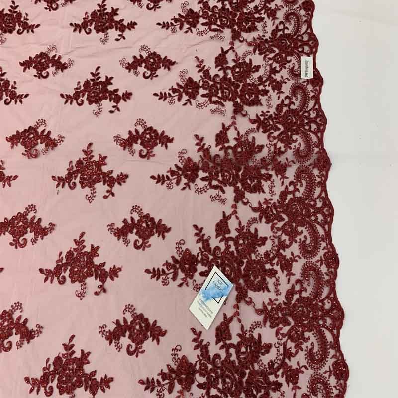 Embroidered Bridal Fabric Mesh Lace Floral Flowers Fabric Sold by the YardICEFABRICICE FABRICSBurgundyEmbroidered Bridal Fabric Mesh Lace Floral Flowers Fabric Sold by the Yard ICEFABRIC Burgundy