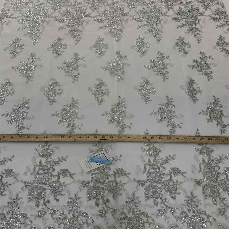 Embroidered Bridal Fabric Mesh Lace Floral Flowers Fabric Sold by the YardICEFABRICICE FABRICSMetallic SilverEmbroidered Bridal Fabric Mesh Lace Floral Flowers Fabric Sold by the Yard ICEFABRIC Metallic Silver