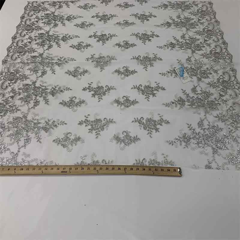 Embroidered Bridal Fabric Mesh Lace Floral Flowers Fabric Sold by the YardICEFABRICICE FABRICSMetallic SilverEmbroidered Bridal Fabric Mesh Lace Floral Flowers Fabric Sold by the Yard ICEFABRIC Metallic Silver