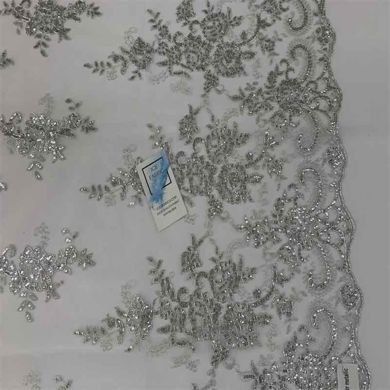 Embroidered Bridal Fabric Mesh Lace Floral Flowers Fabric Sold by the YardICEFABRICICE FABRICSMetallic SilverEmbroidered Bridal Fabric Mesh Lace Floral Flowers Fabric Sold by the Yard ICEFABRIC Metallic Silver