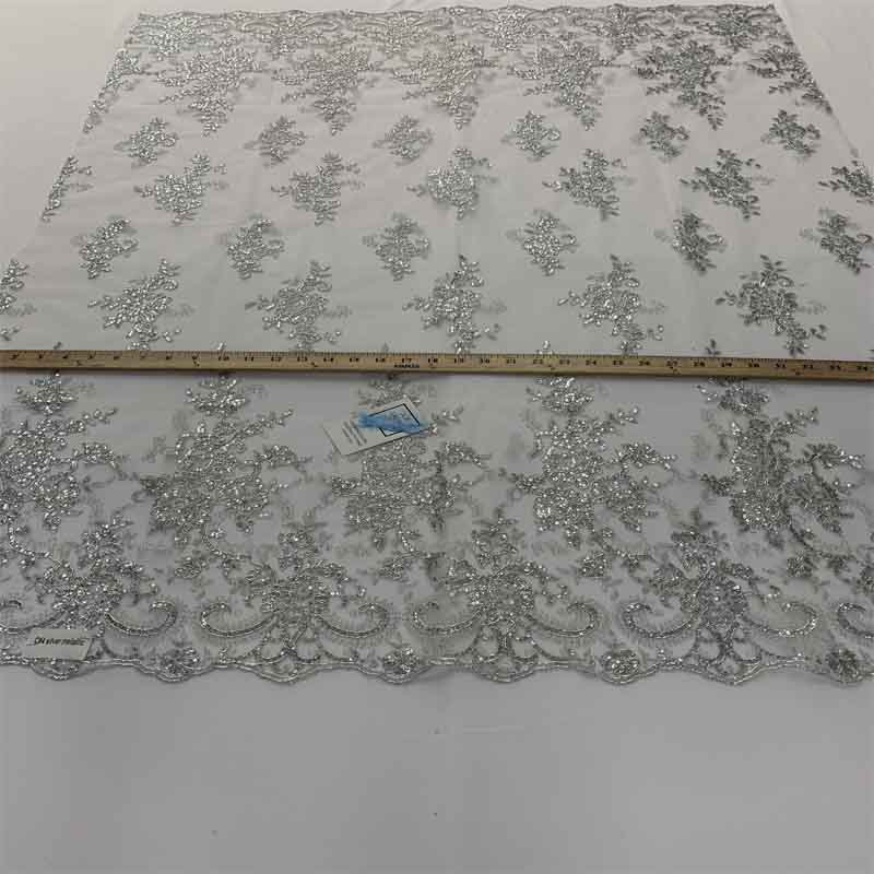 Embroidered Bridal Fabric Mesh Lace Floral Flowers Fabric Sold by the YardICEFABRICICE FABRICSMetallic SilverEmbroidered Bridal Fabric Mesh Lace Floral Flowers Fabric Sold by the Yard ICEFABRIC Metallic Silver