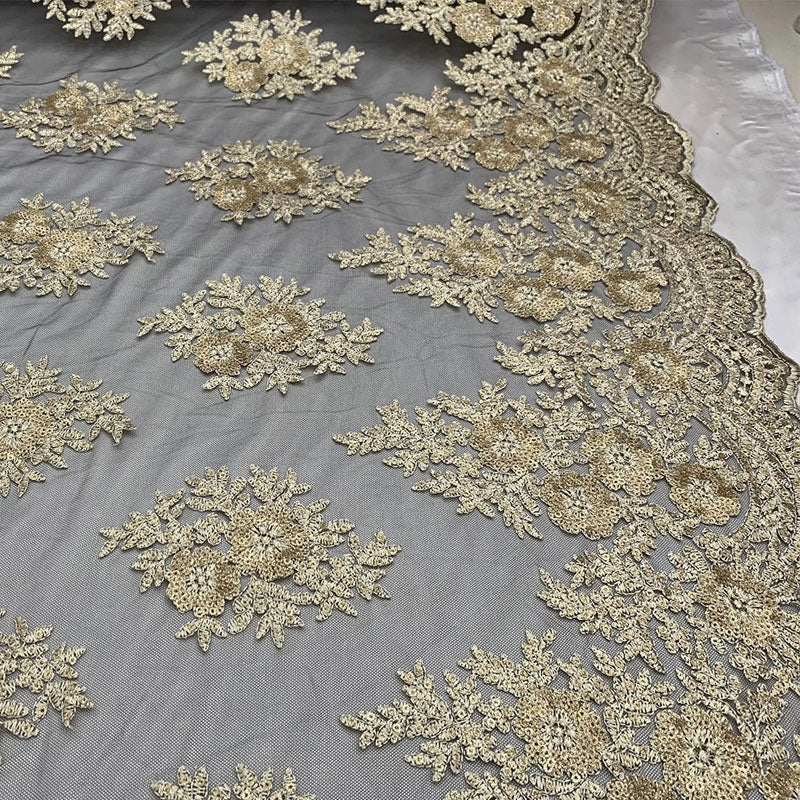 Embroidered Corded Metallic Flowers On Mesh Lace Fabric With SequinsICEFABRICICE FABRICSBlack/GoldEmbroidered Corded Metallic Flowers On Mesh Lace Fabric With Sequins ICEFABRIC Black/Gold