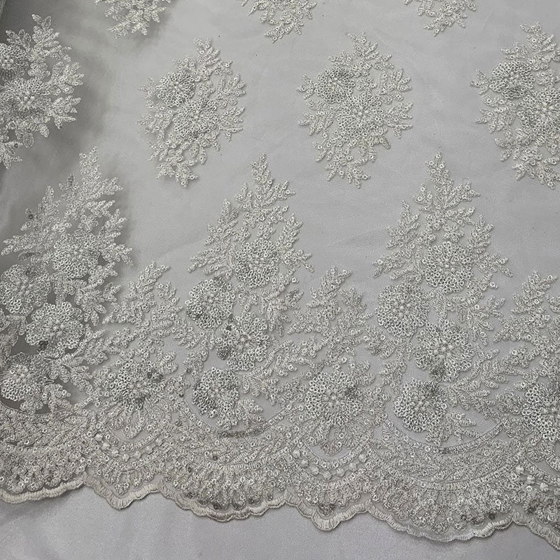 Embroidered Corded Metallic Flowers On Mesh Lace Fabric With SequinsICEFABRICICE FABRICSWhite/SilverEmbroidered Corded Metallic Flowers On Mesh Lace Fabric With Sequins ICEFABRIC White/Silver