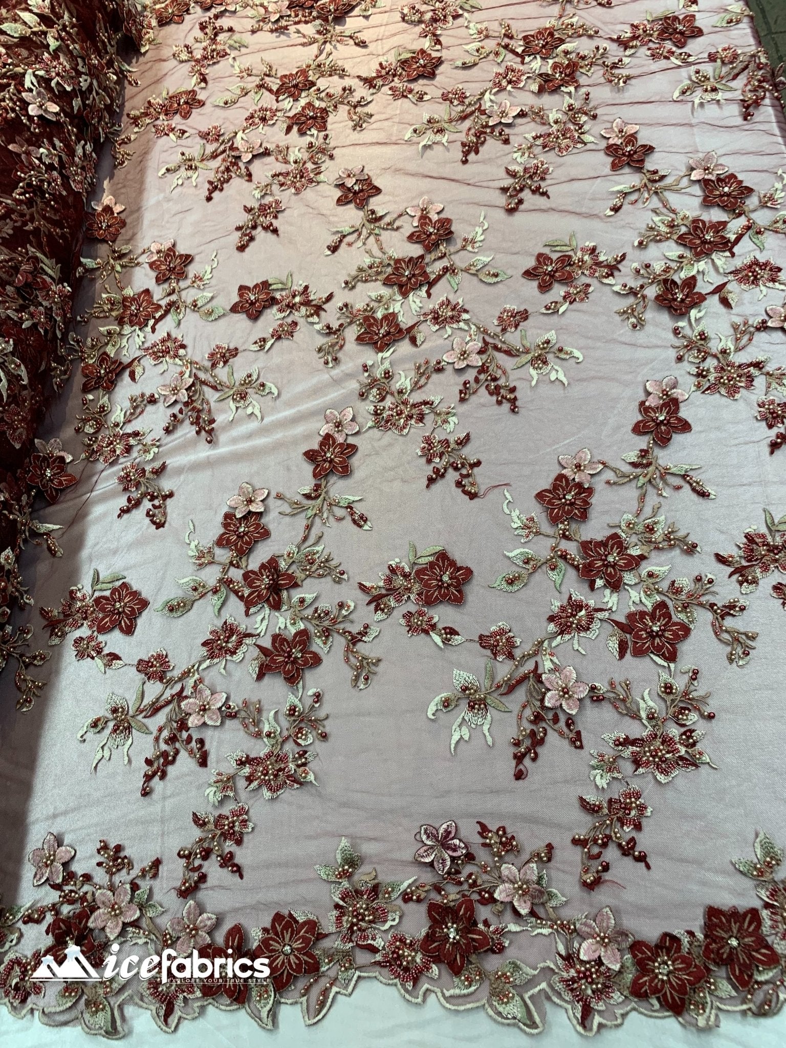 Embroidered Fabric/ 3D Flowers Beaded Fabric/ Lace Fabric/ BurgundyICE FABRICSICE FABRICSBurgundyEmbroidered Fabric/ 3D Flowers Beaded Fabric/ Lace Fabric/ Burgundy ICE FABRICS