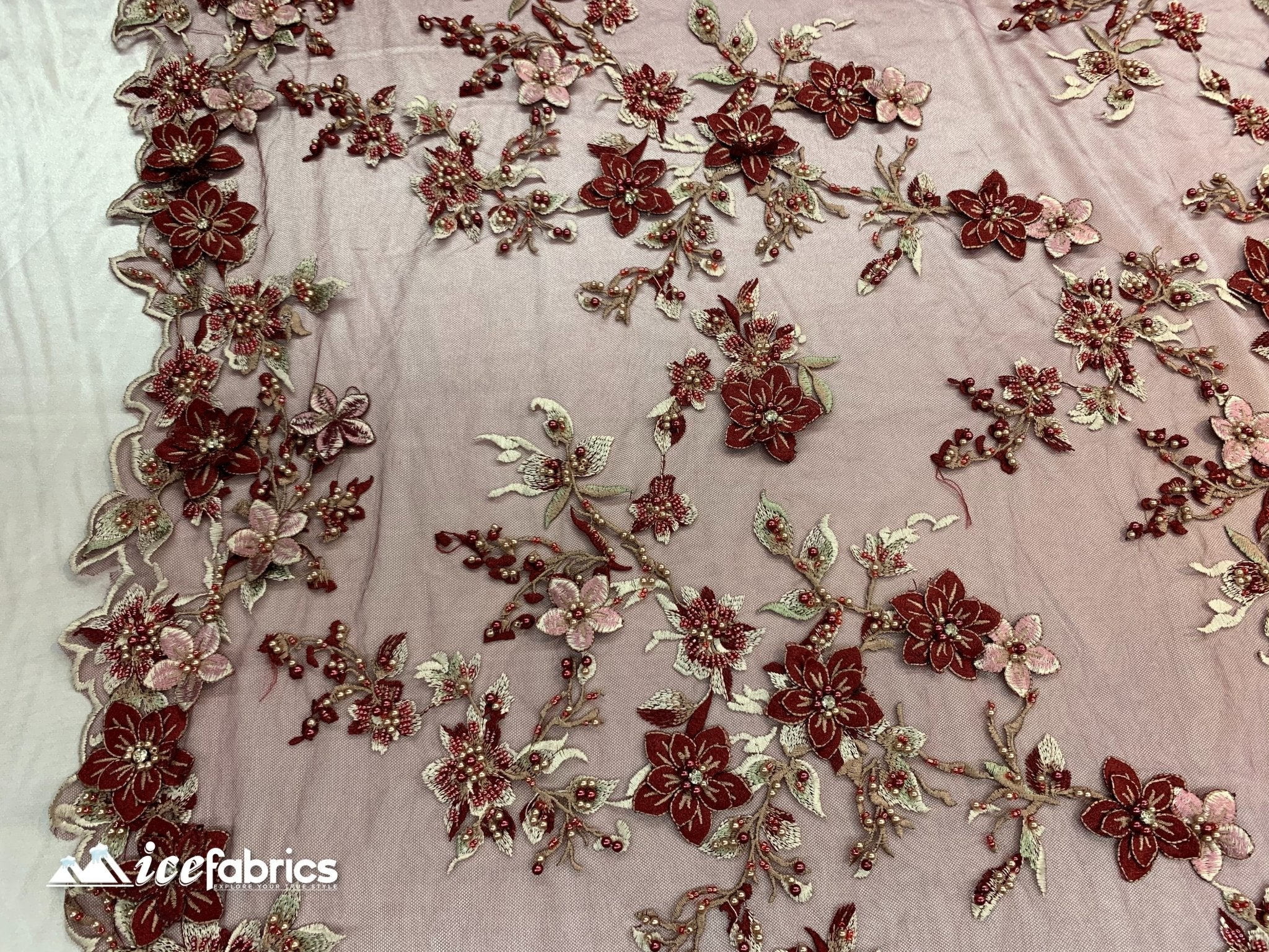 Embroidered Fabric/ 3D Flowers Beaded Fabric/ Lace Fabric/ BurgundyICE FABRICSICE FABRICSBurgundyEmbroidered Fabric/ 3D Flowers Beaded Fabric/ Lace Fabric/ Burgundy ICE FABRICS