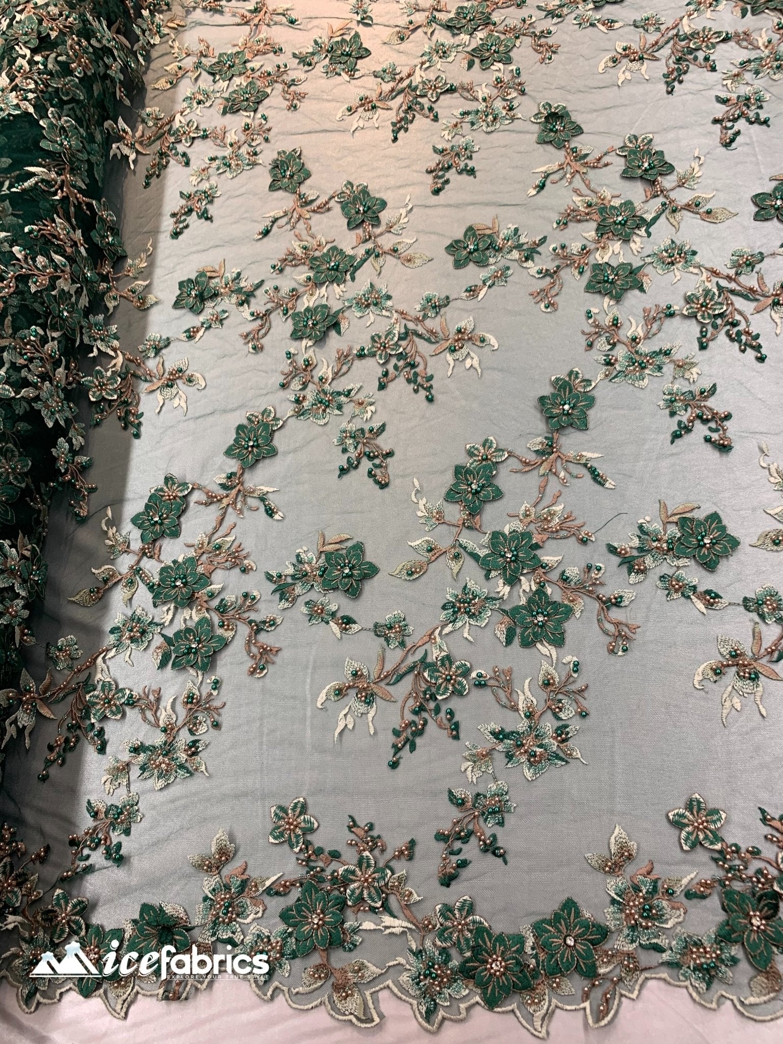 Embroidered Fabric/ 3D Flowers Beaded Fabric/ Lace Fabric/ Hunter GreenICE FABRICSICE FABRICSHunter GreenEmbroidered Fabric/ 3D Flowers Beaded Fabric/ Lace Fabric/ Hunter Green ICE FABRICS