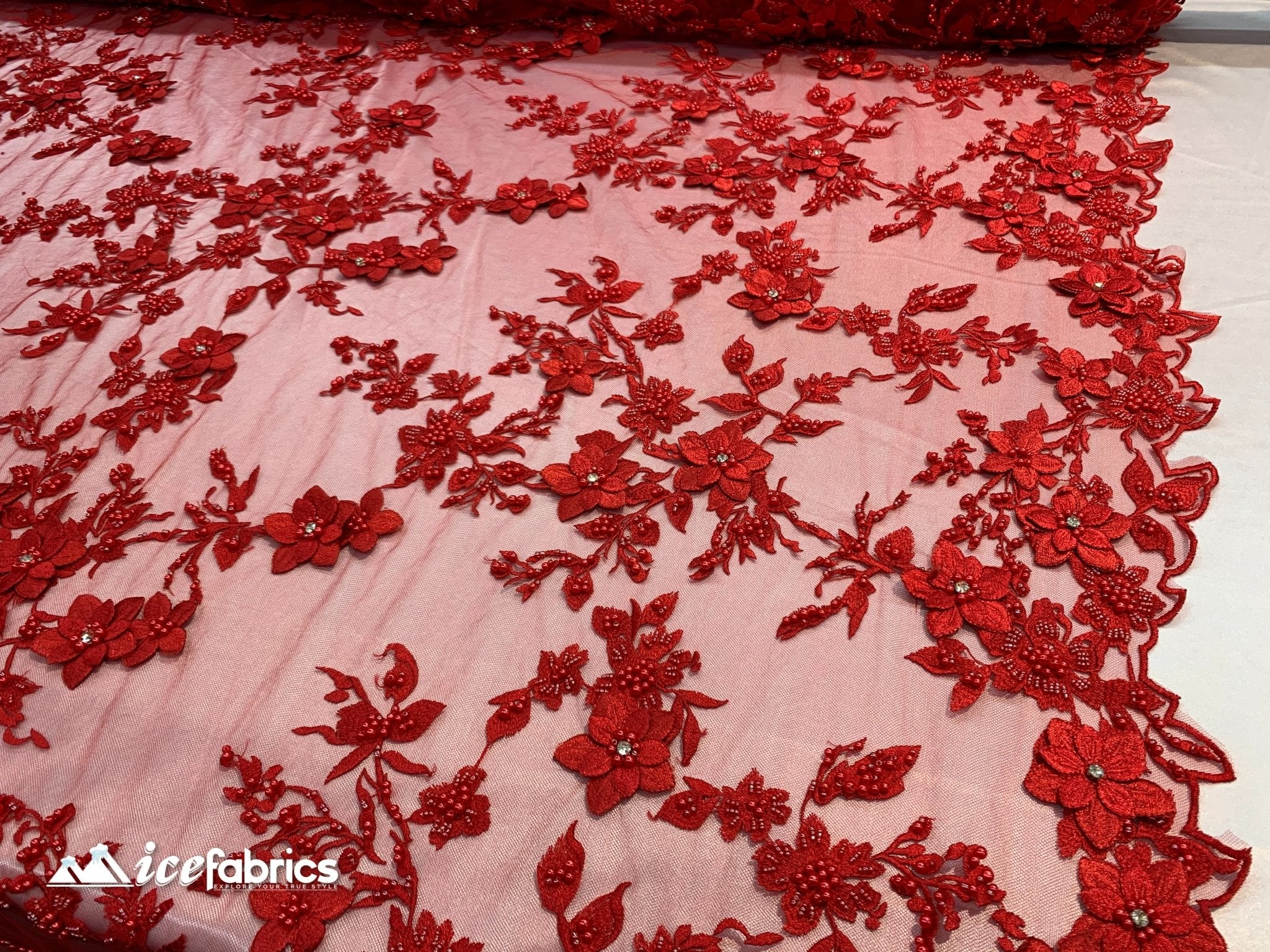 Embroidered Fabric/ 3D Flowers Beaded Fabric/ Lace Fabric/ RedICE FABRICSICE FABRICSRedEmbroidered Fabric/ 3D Flowers Beaded Fabric/ Lace Fabric/ Red ICE FABRICS