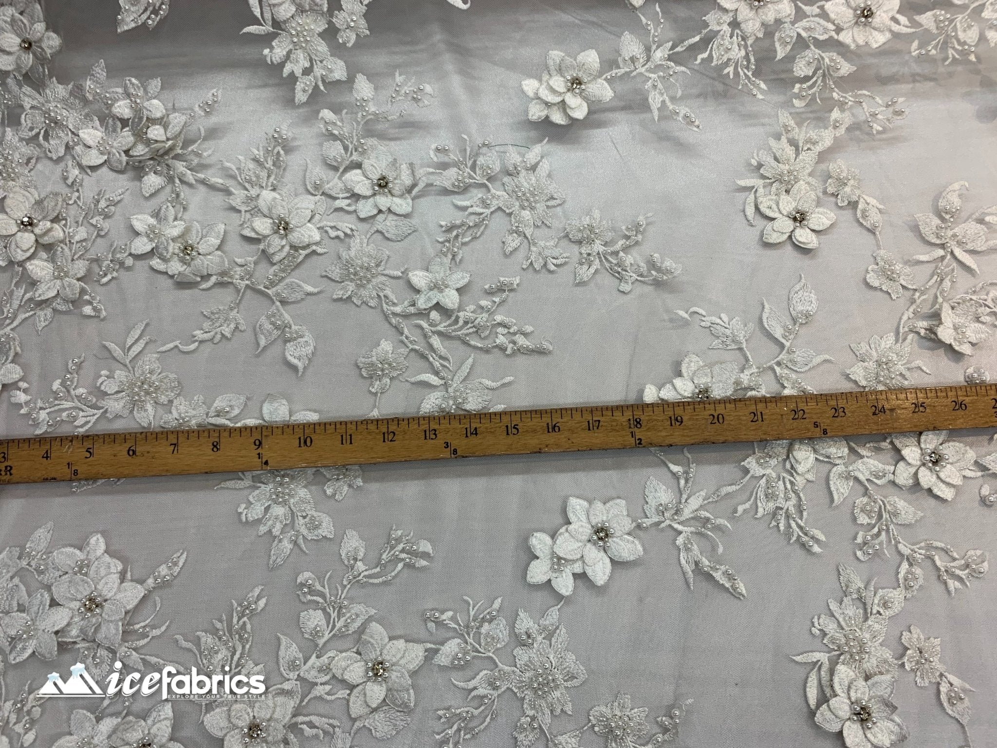 Embroidered Fabric/ 3D Flowers Beaded Fabric/ Lace Fabric/ WhiteICE FABRICSICE FABRICSWhiteEmbroidered Fabric/ 3D Flowers Beaded Fabric/ Lace Fabric/ White ICE FABRICS