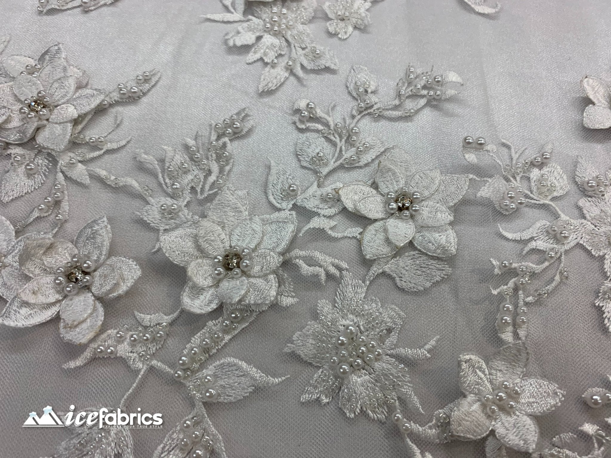 Embroidered Fabric/ 3D Flowers Beaded Fabric/ Lace Fabric/ WhiteICE FABRICSICE FABRICSWhiteEmbroidered Fabric/ 3D Flowers Beaded Fabric/ Lace Fabric/ White ICE FABRICS