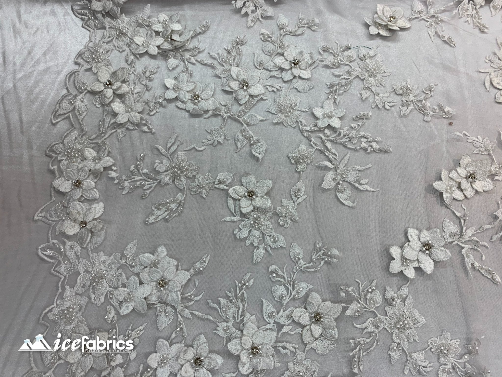 Embroidered Fabric/ 3D Flowers Beaded Fabric/ Lace Fabric/ WhiteICE FABRICSICE FABRICSWhiteEmbroidered Fabric/ 3D Flowers Beaded Fabric/ Lace Fabric/ White ICE FABRICS