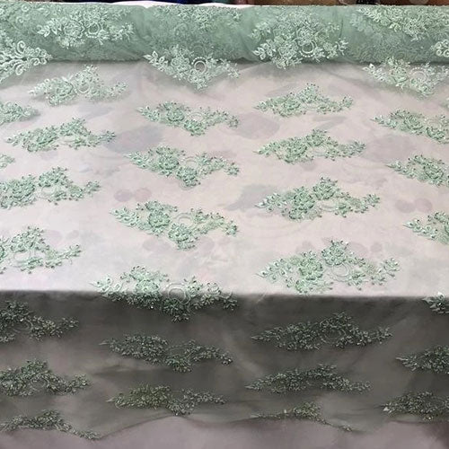 Embroidered Mesh Floral Beaded Lace Fabric By The YardICEFABRICICE FABRICSMintEmbroidered Mesh Floral Beaded Lace Fabric By The Yard ICEFABRIC Mint
