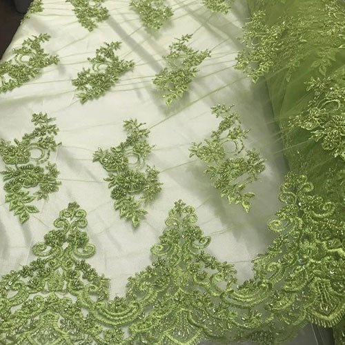 Embroidered Mesh Floral Beaded Lace Fabric By The YardICEFABRICICE FABRICSLimeEmbroidered Mesh Floral Beaded Lace Fabric By The Yard ICEFABRIC Lime