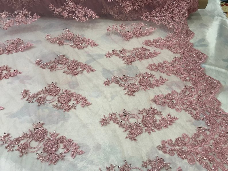 Embroidered Mesh Floral Beaded Lace Fabric By The YardICEFABRICICE FABRICSDusty RoseEmbroidered Mesh Floral Beaded Lace Fabric By The Yard ICEFABRIC Dusty Rose