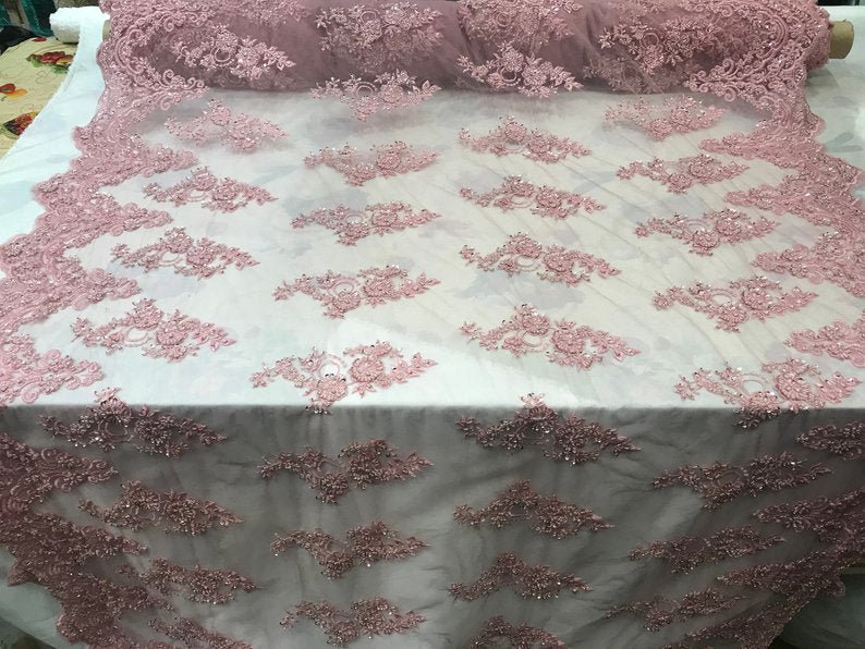 Embroidered Mesh Floral Beaded Lace Fabric By The YardICEFABRICICE FABRICSDusty RoseEmbroidered Mesh Floral Beaded Lace Fabric By The Yard ICEFABRIC Dusty Rose