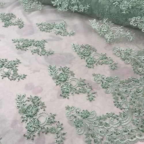 Embroidered Mesh Floral Beaded Lace Fabric By The YardICEFABRICICE FABRICSMintEmbroidered Mesh Floral Beaded Lace Fabric By The Yard ICEFABRIC Mint