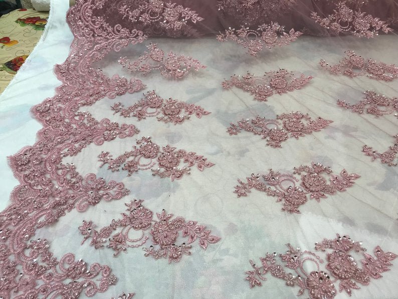 Embroidered Mesh Floral Beaded Lace Fabric By The YardICEFABRICICE FABRICSDusty RoseEmbroidered Mesh Floral Beaded Lace Fabric By The Yard ICEFABRIC Dusty Rose