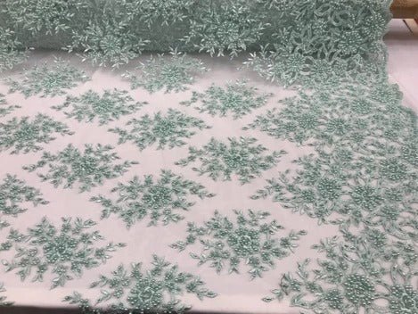 Embroidered Mesh Floral Beaded Lace Wedding FabricICE FABRICSICE FABRICSGoldEmbroidered Mesh Floral Beaded Lace Wedding Fabric ICE FABRICS Light Green