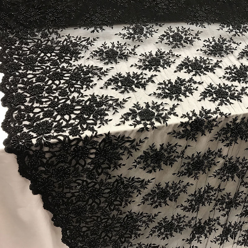 Embroidered Mesh Floral Beaded Lace Wedding FabricICE FABRICSICE FABRICSBlackEmbroidered Mesh Floral Beaded Lace Wedding Fabric ICE FABRICS Black