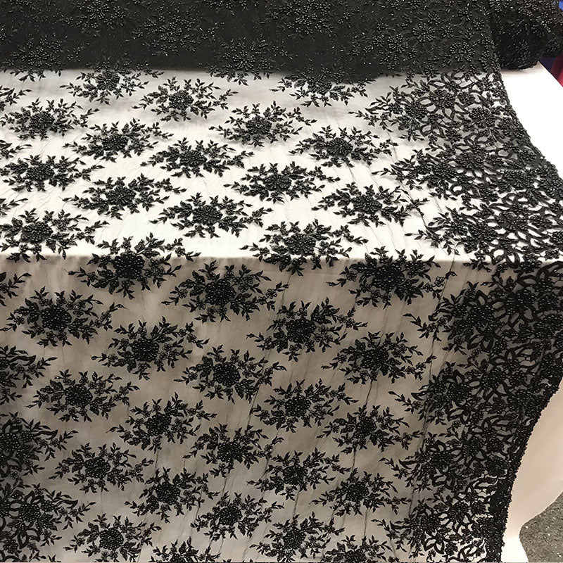 Embroidered Mesh Floral Beaded Lace Wedding FabricICE FABRICSICE FABRICSBlackEmbroidered Mesh Floral Beaded Lace Wedding Fabric ICE FABRICS Black