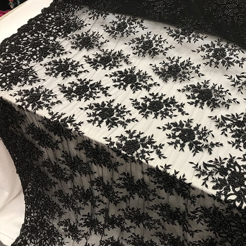 Embroidered Mesh Floral Beaded Lace Wedding FabricICE FABRICSICE FABRICSBlackEmbroidered Mesh Floral Beaded Lace Wedding Fabric ICE FABRICS Black