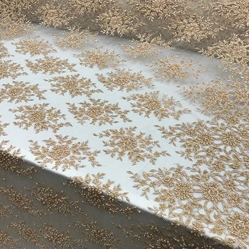 Embroidered Mesh Floral Beaded Lace Wedding FabricICE FABRICSICE FABRICSPinkEmbroidered Mesh Floral Beaded Lace Wedding Fabric ICE FABRICS Gold