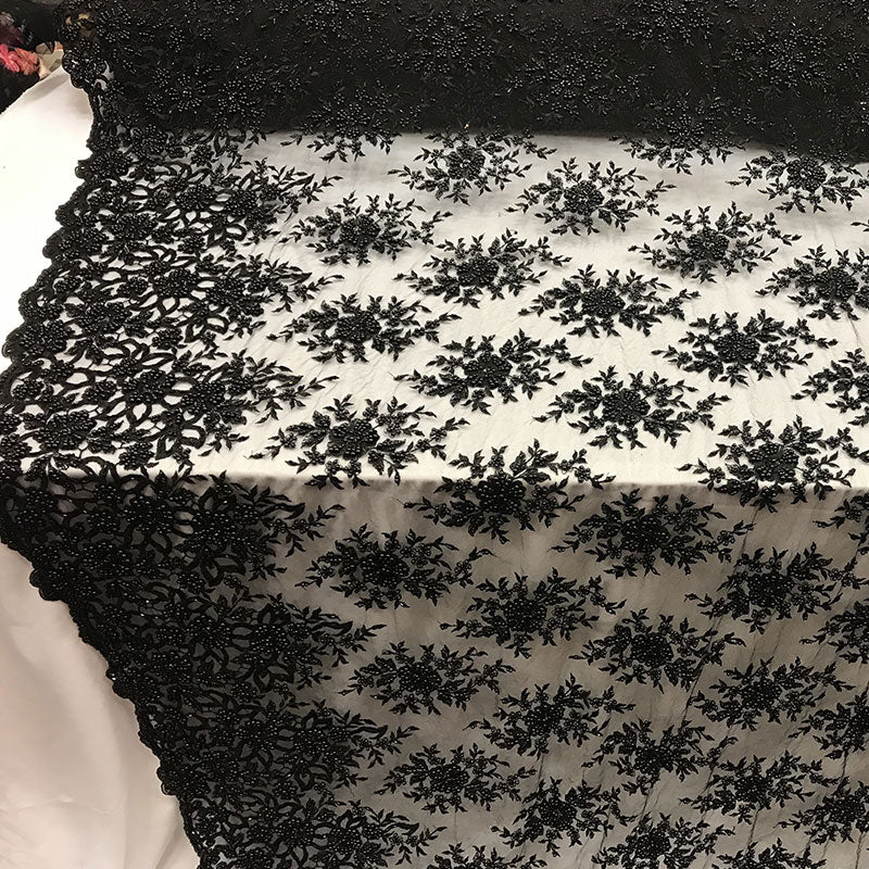Embroidered Mesh Floral Beaded Lace Wedding FabricICE FABRICSICE FABRICSBlackEmbroidered Mesh Floral Beaded Lace Wedding Fabric ICE FABRICS Black