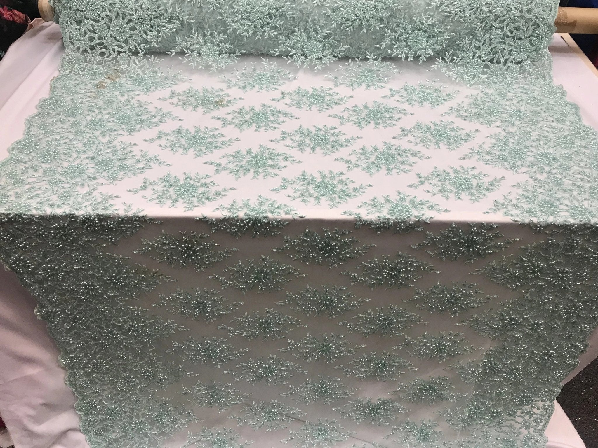 Embroidered Mesh Floral Beaded Lace Wedding FabricICE FABRICSICE FABRICSGoldEmbroidered Mesh Floral Beaded Lace Wedding Fabric ICE FABRICS Light Green